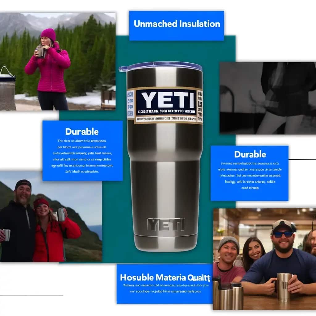 Composite image divided into four sections showcasing the Yeti 16 oz tumbler's features: insulation in extreme temperatures, durability in outdoor adventures, sleek design in a modern setting, and satisfied users enjoying their beverages.