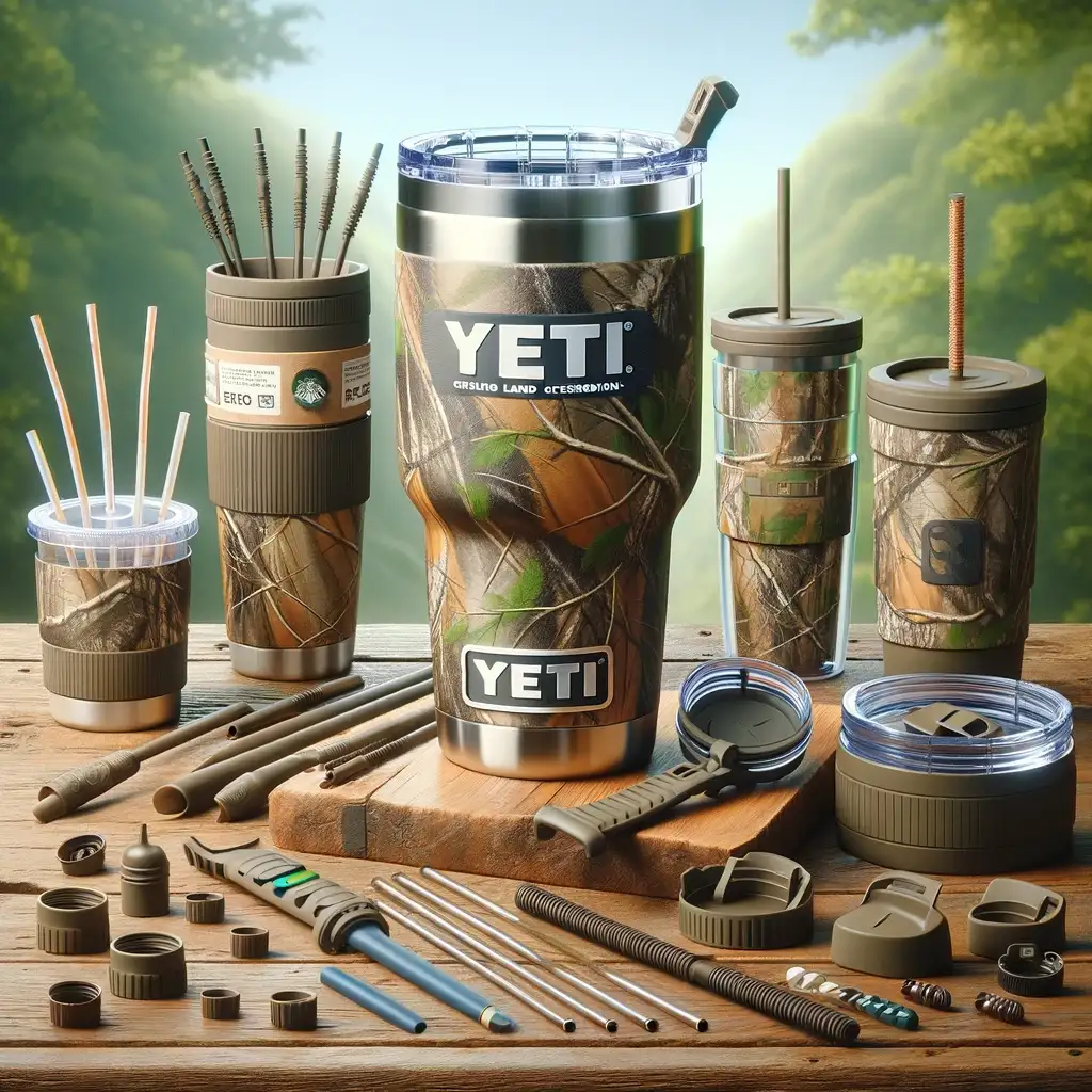 Image showing a Yeti Camo Tumbler equipped with various accessories including magnetic slider lids, spill-proof caps, a handle, and straws, set against an outdoor adventure-themed background.