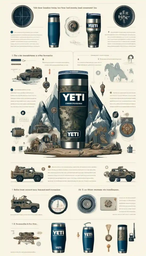 Infographic detailing the Yeti Camo Tumbler's features, including its design, insulation technology, durability, and selection guide, set against a backdrop that evokes the spirit of outdoor adventure.