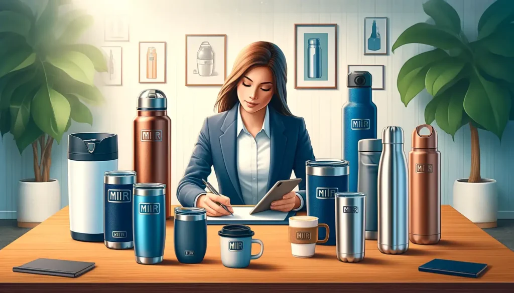 A professional woman examining and taking notes on various Miir tumblers including the Double Wall Vacuum Insulated Container, Miir 23 Oz Vacuum Insulated Bottle, Miir Coffee Mug, and Miir Camp Cup on a wooden desk in a modern office.