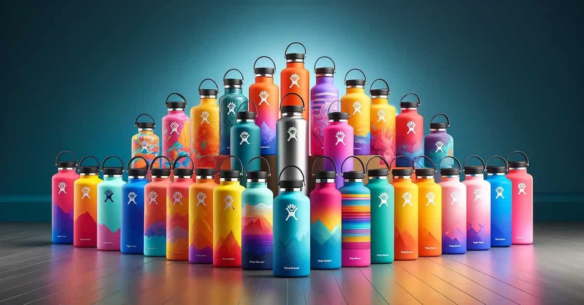 Assortment of Hydro Flask 21 oz bottles in over 14 vibrant colors