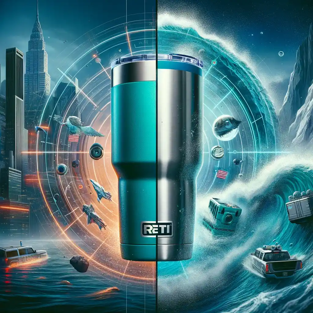 RTIC and YETI tumblers illustrating their insulation technologies and durability, set against city and outdoor backdrops.