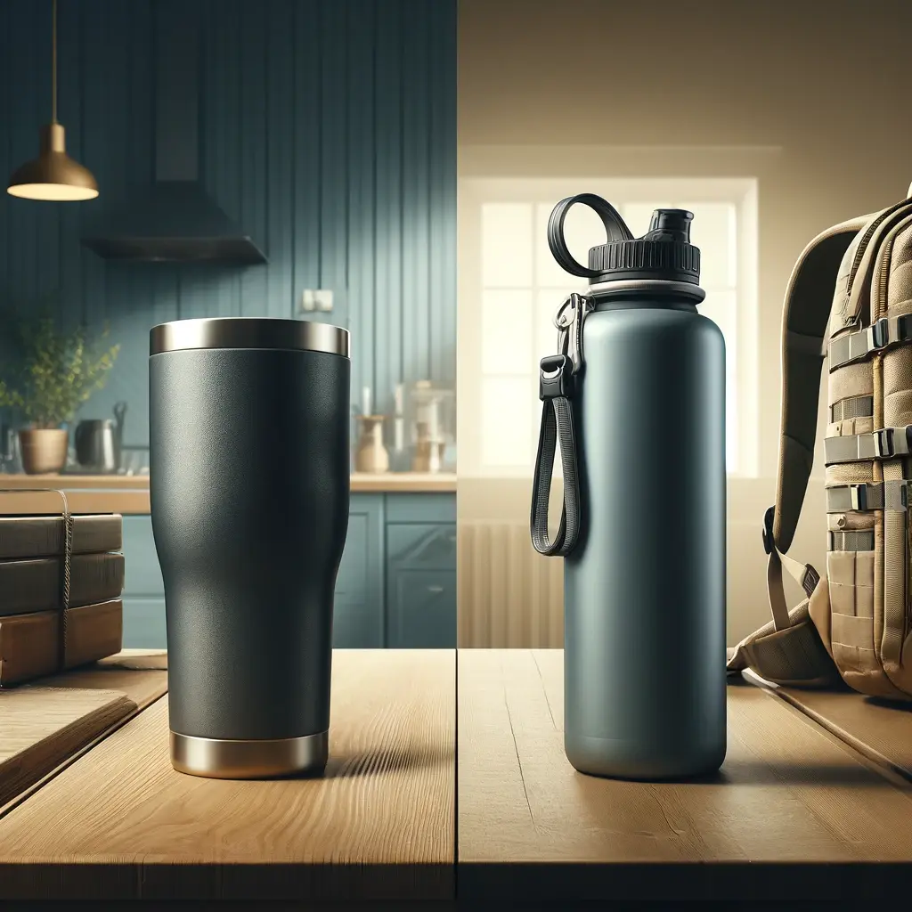 Contrast between a stylish indoor-use tumbler and a rugged outdoor-use water bottle.