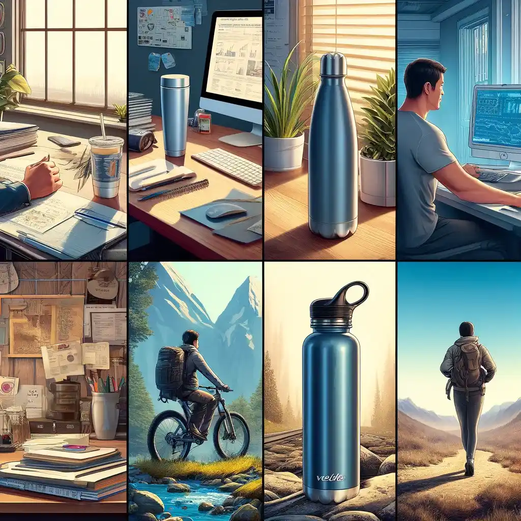 Various lifestyle scenarios with a tumbler and a water bottle in settings such as an office, outdoors, home, commuting, and gym.