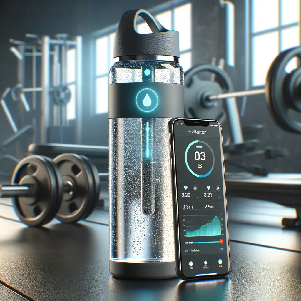 A smart water bottle with digital hydration tracking display connected to a smartphone app.