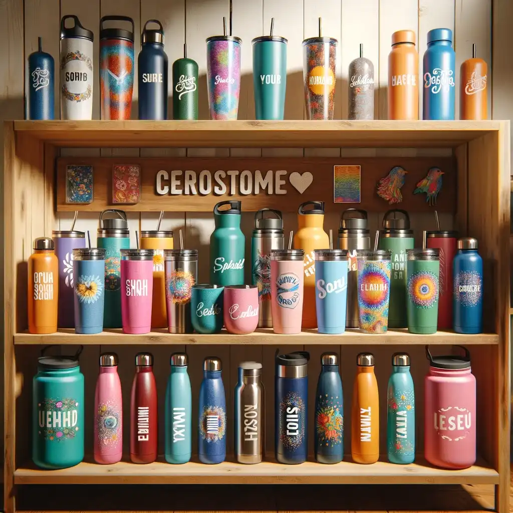 A collection of personalized tumblers and water bottles with various colors and patterns, each featuring different names.