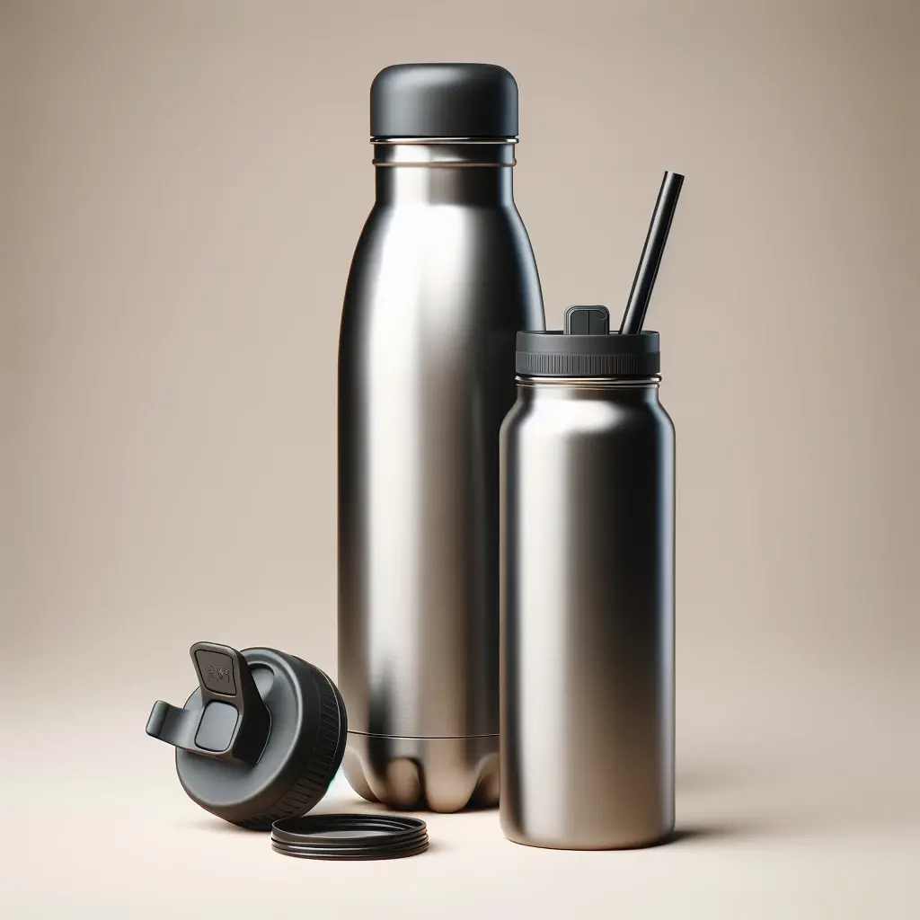 Water bottle with two interchangeable lids: a flip lid for hot drinks and a straw lid for cold beverages.