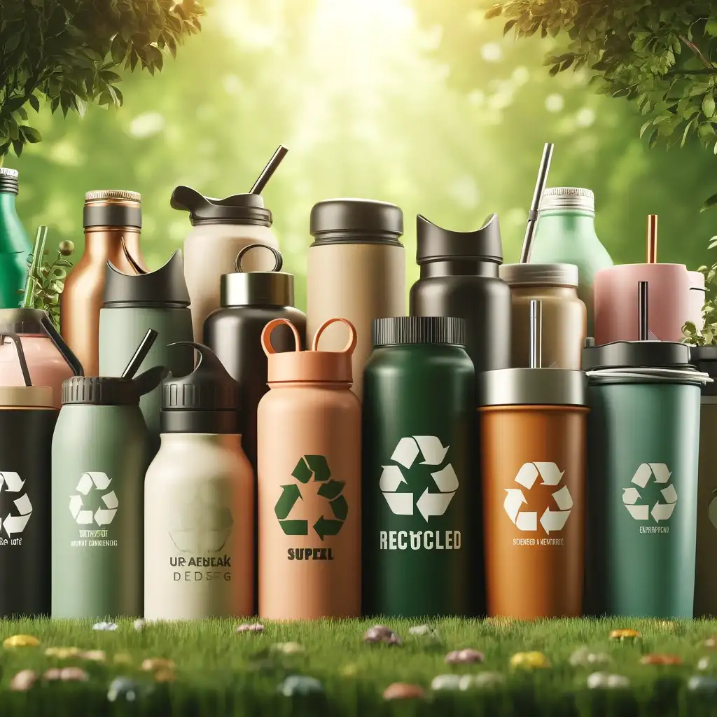 Variety of eco-friendly tumblers and water bottles made from recycled materials, displayed against a lush green background.