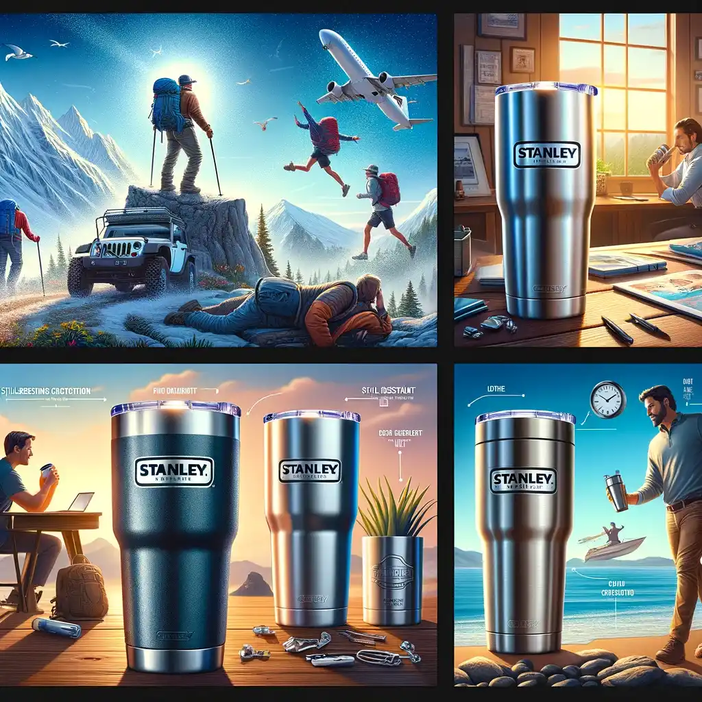 An image depicting Stanley tumblers in three different settings: a hiker using one on a mountain trail, a person at a beach, and another in an office, highlighting the tumblers' robust construction and thermal efficiency.