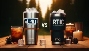 Comparison of Yeti and RTIC tumblers in outdoor setting, highlighting their design and cooling capability.