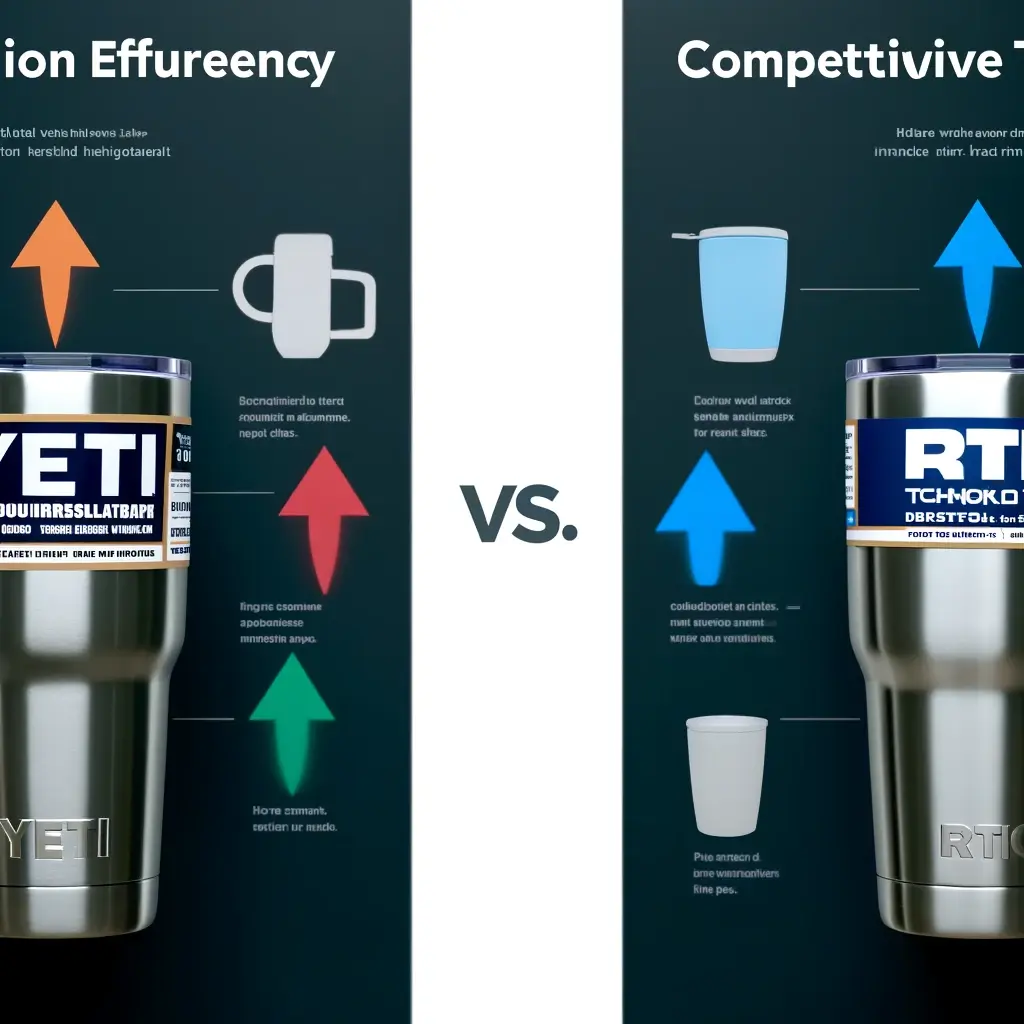 nfographic showing a side-by-side comparison of Yeti and RTIC tumblers, highlighting the double-wall vacuum insulation technology, with Yeti in sleek stainless steel and RTIC in a budget-friendly design, both demonstrating their ability to maintain beverage temperature