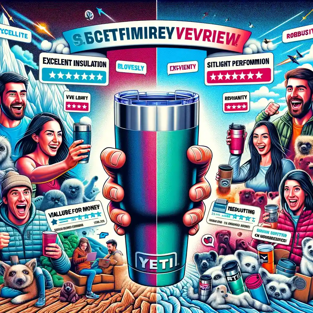 Graphic comparison of Yeti and RTIC tumblers showing customer reviews and satisfaction metrics with emphasis on insulation quality and durability for Yeti, and value for money for RTIC.