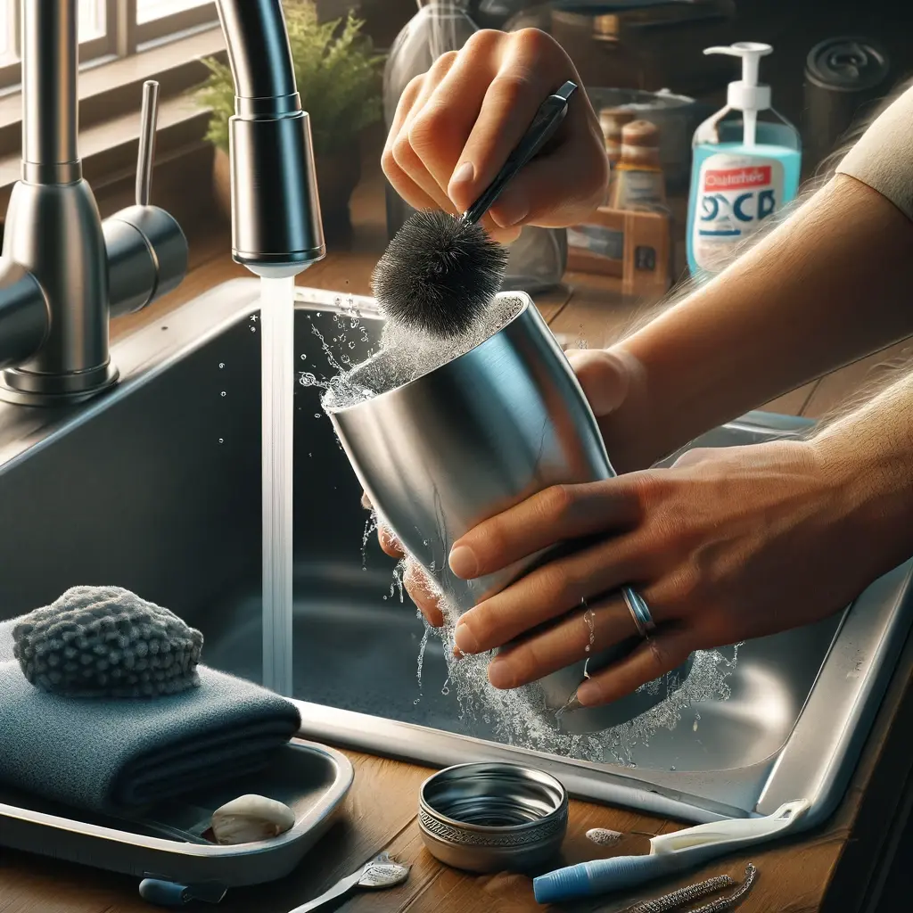 A person cleaning a stainless steel tumbler with a bottle brush and polishing another tumbler with a cloth in a kitchen setting.