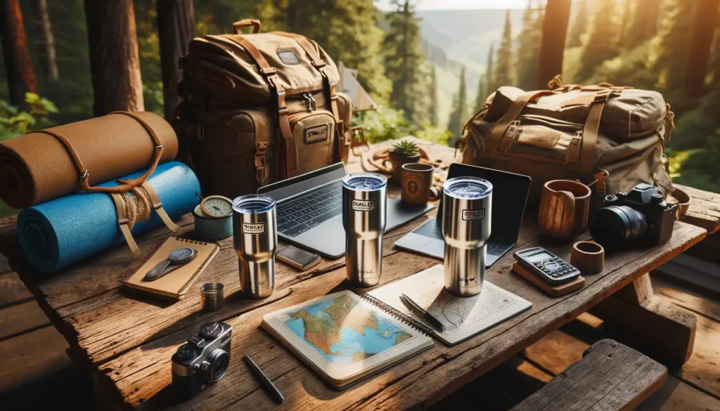 Stanley Tumblers 30 oz and 40 oz on a rustic table with outdoor and office items, representing different lifestyles.