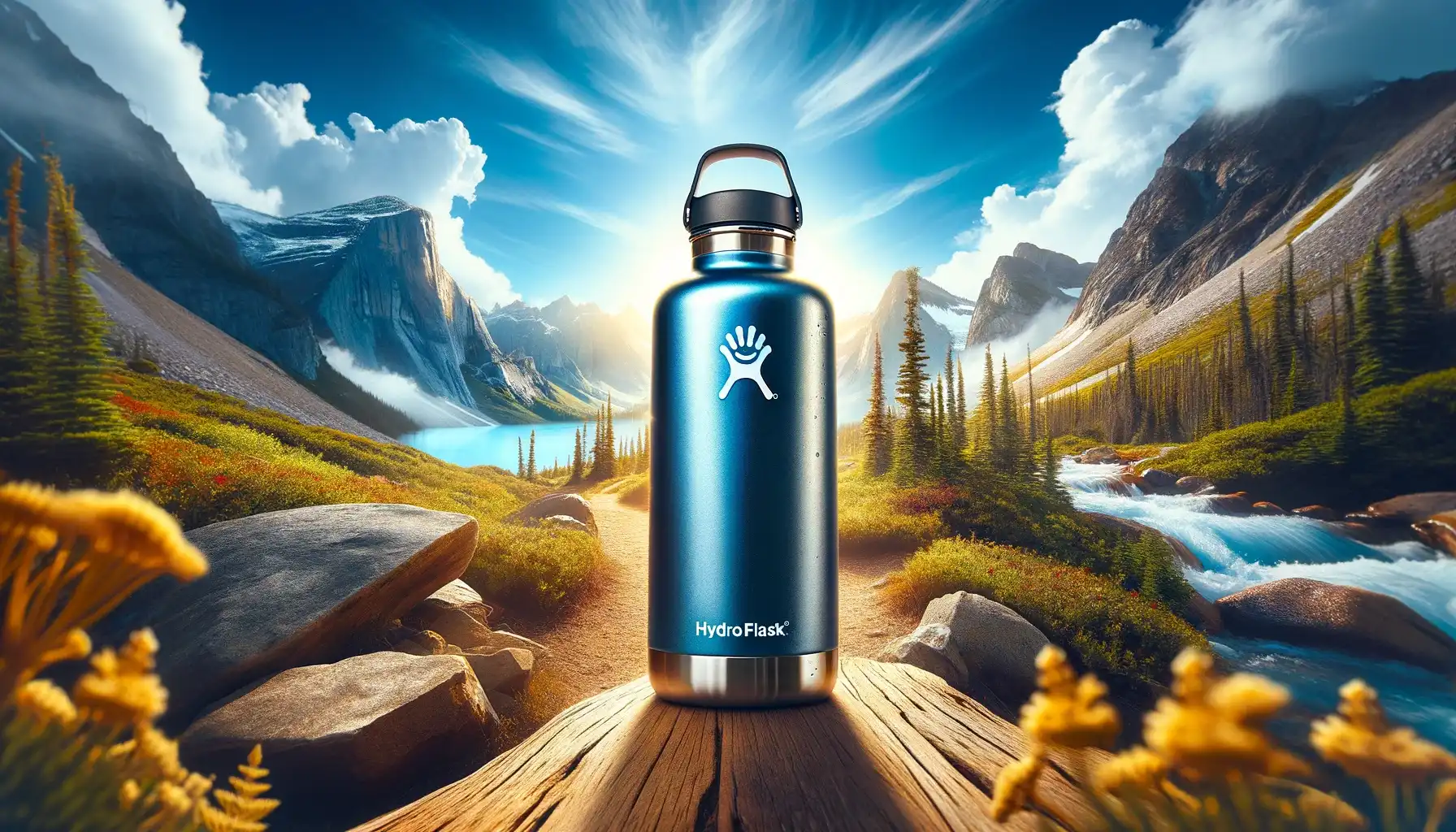 "Hydro Flask 64 oz in an outdoor setting with mountains and a hiking trail, ideal for outdoor enthusiasts.