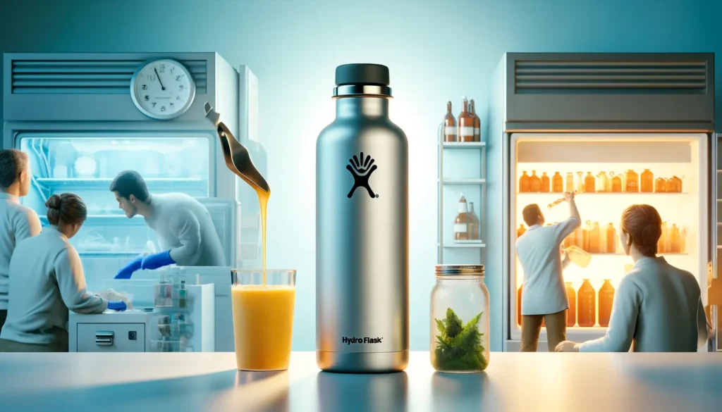 DALL·E 2024 05 07 06.05.28 A highly detailed and realistic digital image of a Hydro Flask 64 oz bottle being used efficiently for different beverages. The image features a perso 1