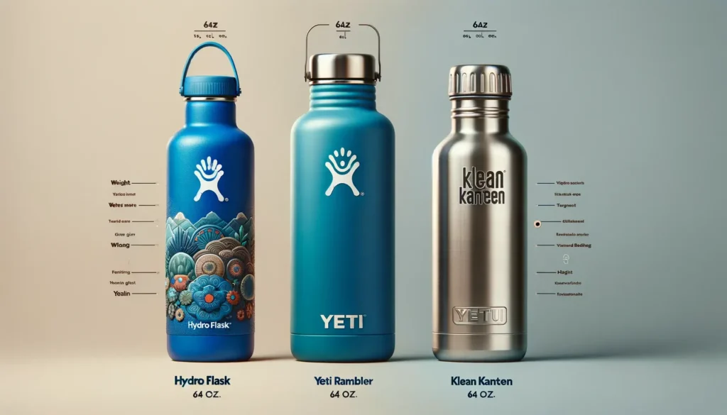 Comparison of Hydro Flask 64 oz in blue, Yeti Rambler 64 oz in stainless steel, and Klean Kanteen TKWide 64 oz in brushed metal, highlighting differences in design and features.