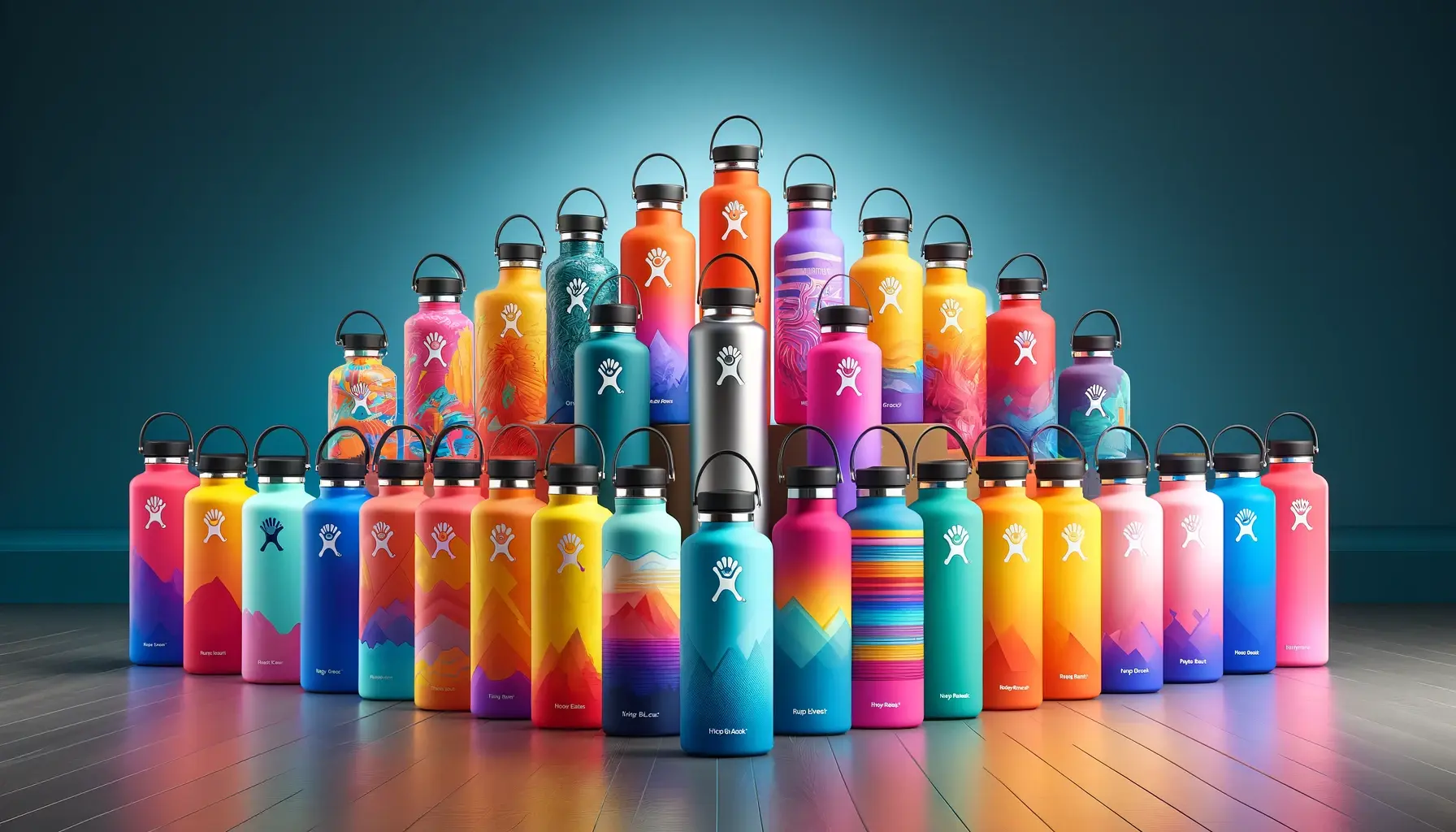 Assortment of Hydro Flask 21 oz bottles in over 14 vibrant colors and patterns, ideal for stylish hydration.