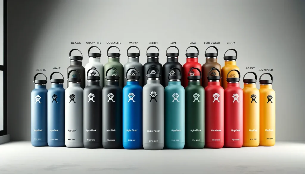 Collection of Hydro Flask 21 oz bottles in various colors including Black, White, Graphite, Cobalt, Pacific, Watermelon, Lemon, Mint, Lava, Blueberry, Olive, Birch, Sunflower, and Hibiscus, displayed in a row on a light background.