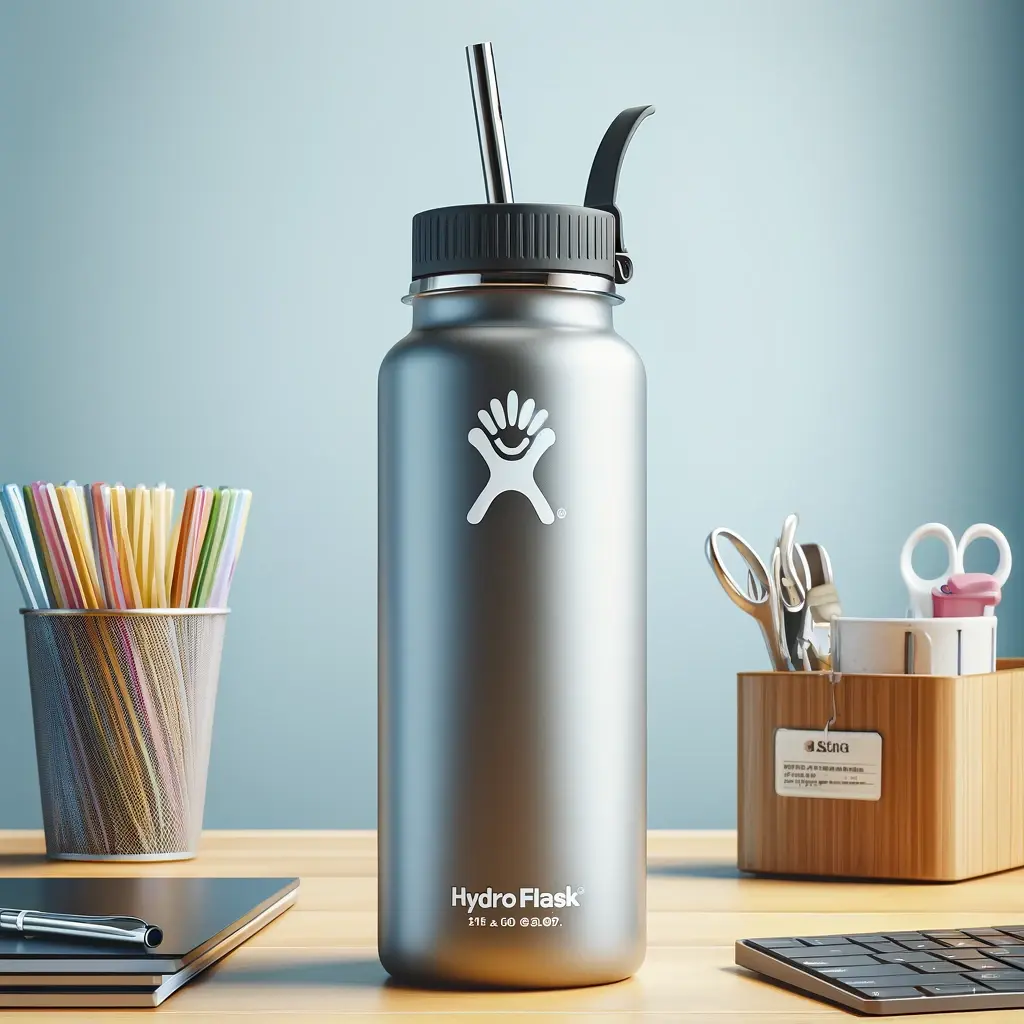 Hydro Flask 21 oz with a straw lid on a desk and in a car cup holder, showcasing ease of use and leakproof design.