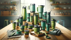 Assorted Citron Stanley Cups in vibrant Citron Speckle and Shale Green, highlighting sizes and accessories.