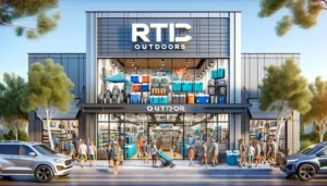 Front view of RTIC Outdoors retail store showcasing modern design and outdoor gear, busy with shoppers.